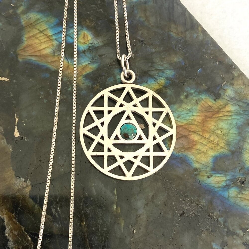 Sterling Silver 925 Openwork Round Mandala Trinity Star Chrysocolla Necklace 18"